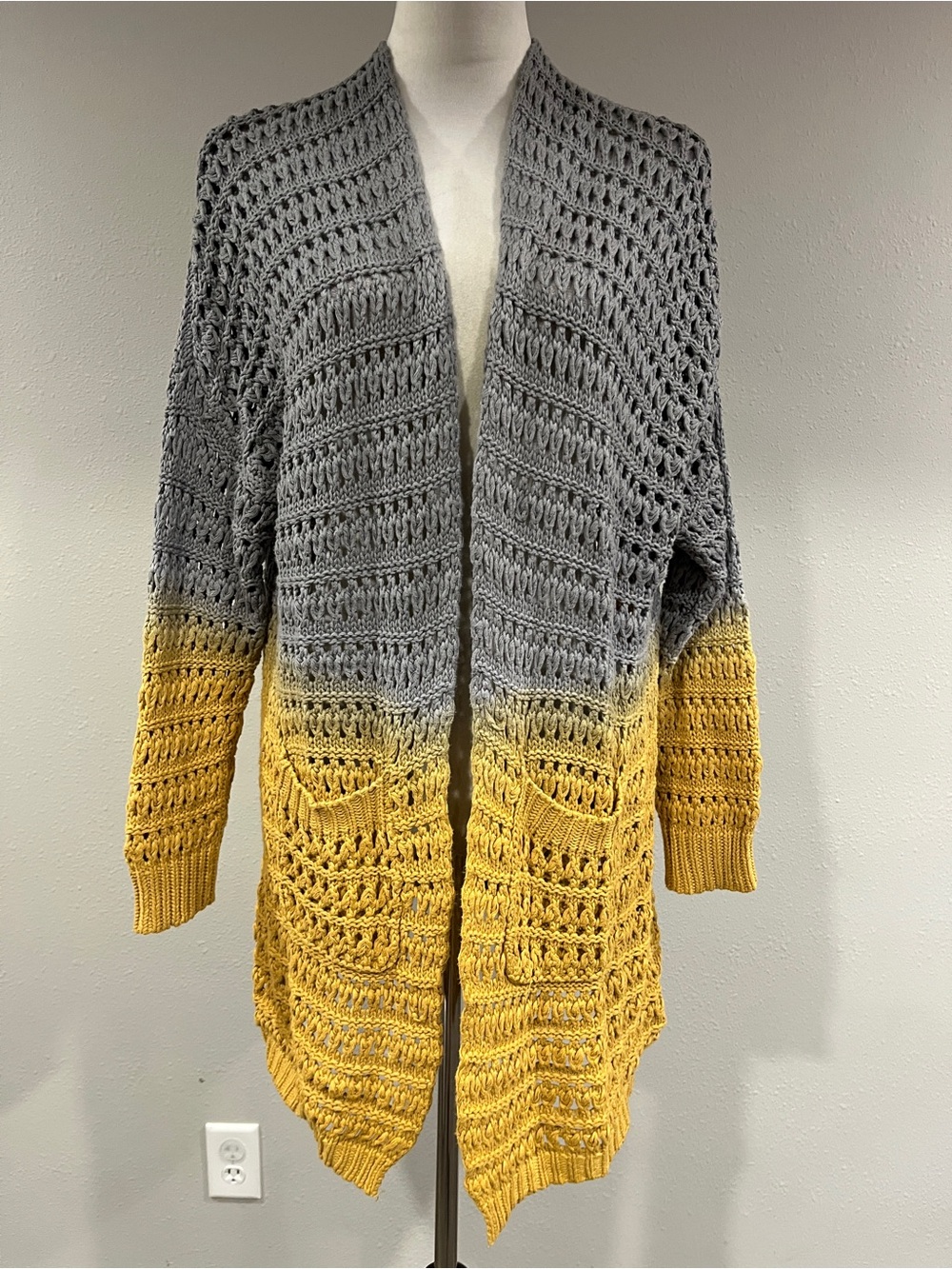 Gray and Mustard Open front Crochet Sweater Cardigan size small